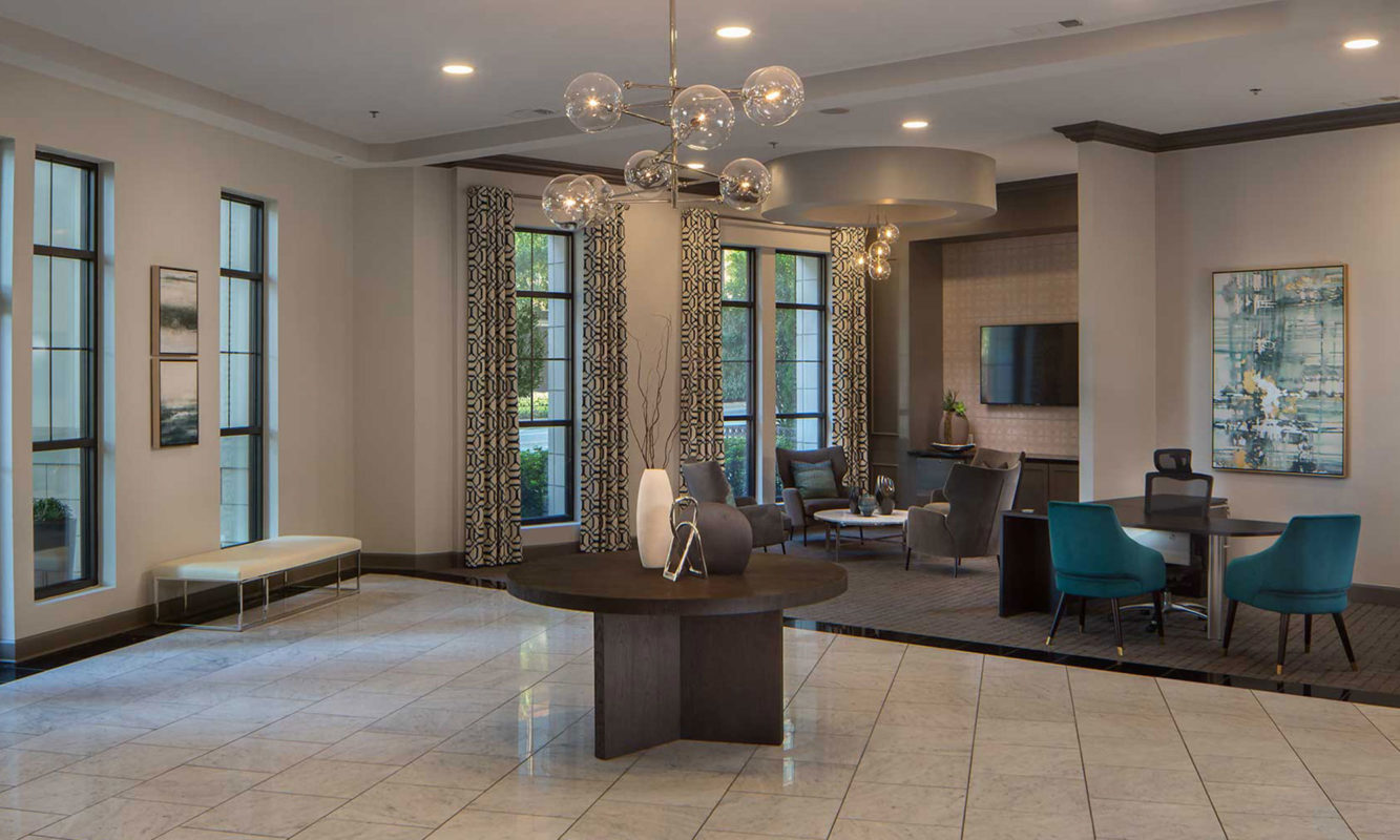 Lobby area with desks and seating